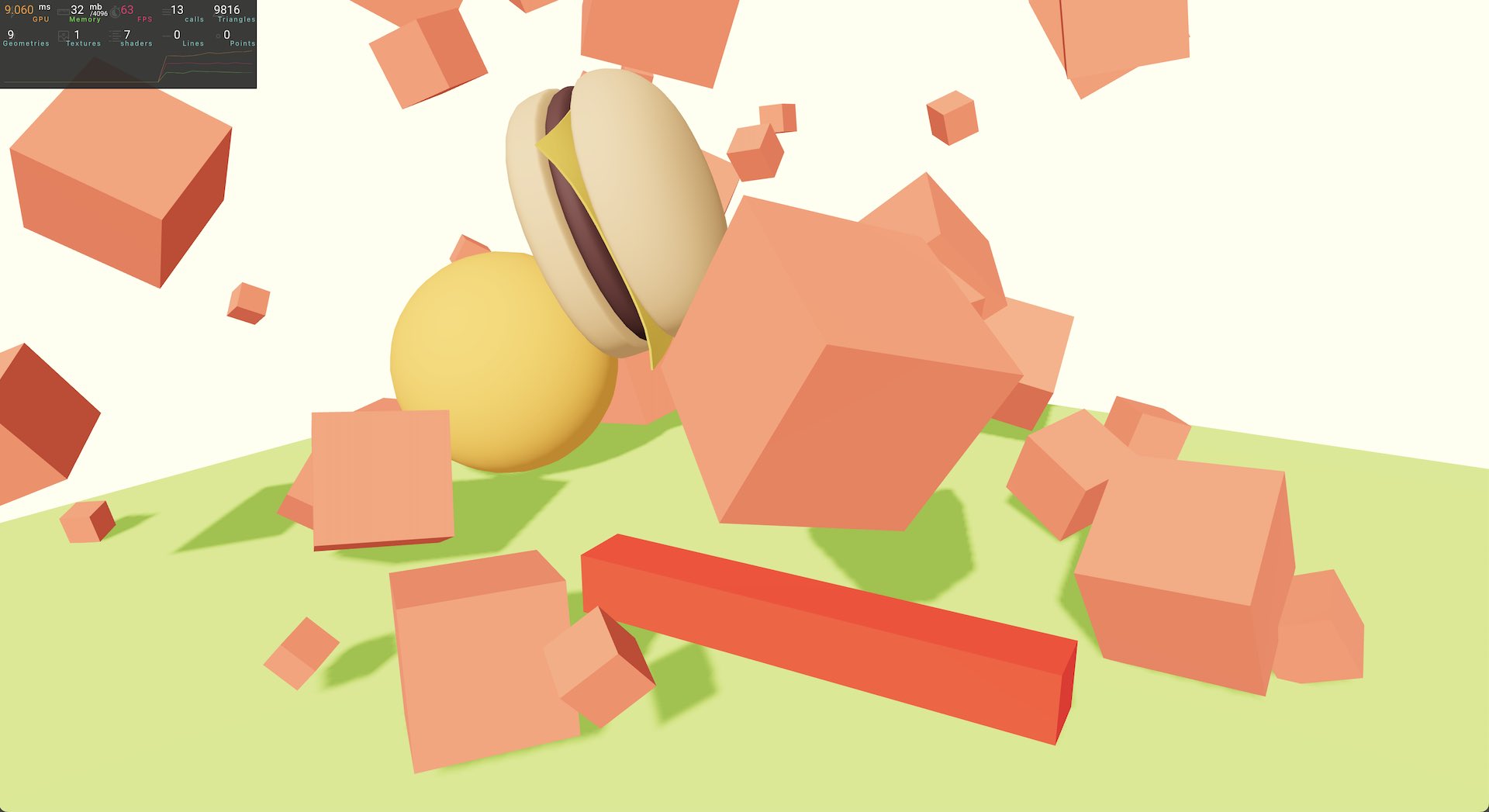 Multiple peach cubes, a hamburger, and a yellow ball fall to a green floor with a spinning red rectangular block.