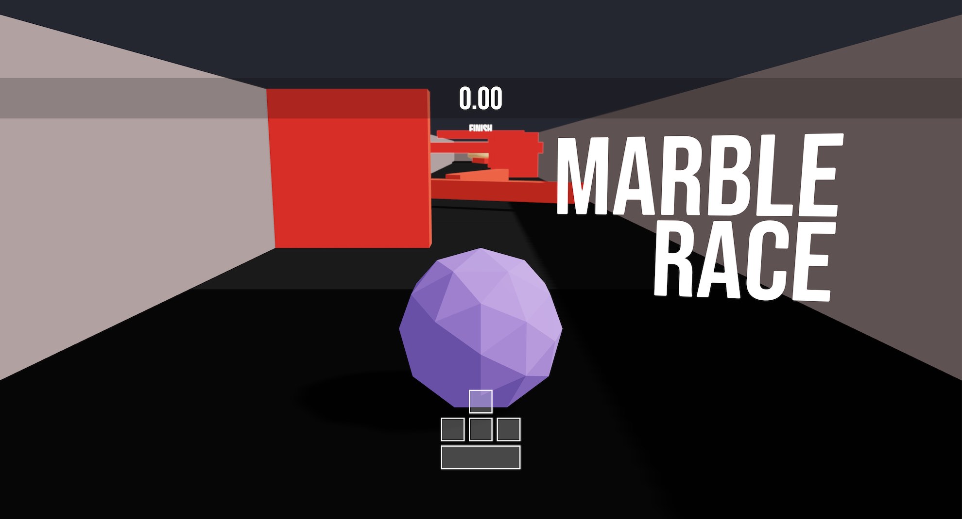 A purple marble sits at the beginning of a race track filled with moving red obstacles. The words Marble Race appear beside the marble. There's an unstarted timer that appears above the marble and a simplistic display of arrow or WASD keys and a space bar below.