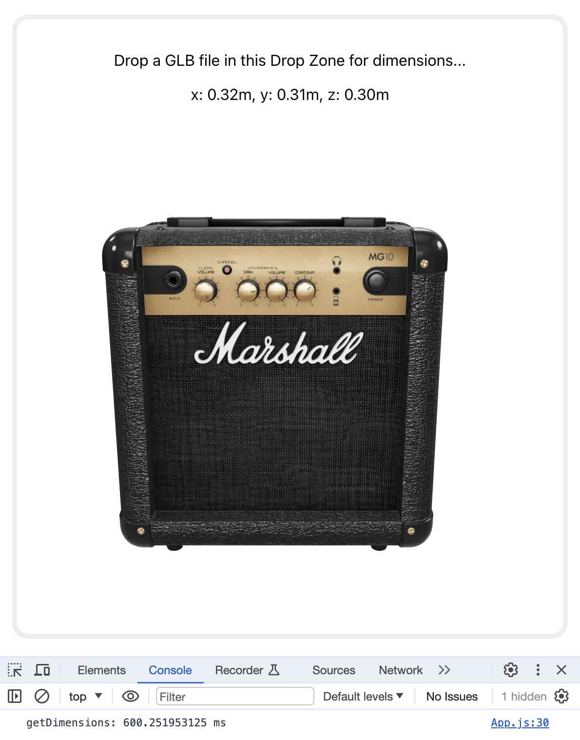 Screenshot of prototype showing a Marshall amp model loaded in the UI with dimensions displayed and the timing results shown in Dev Tools.