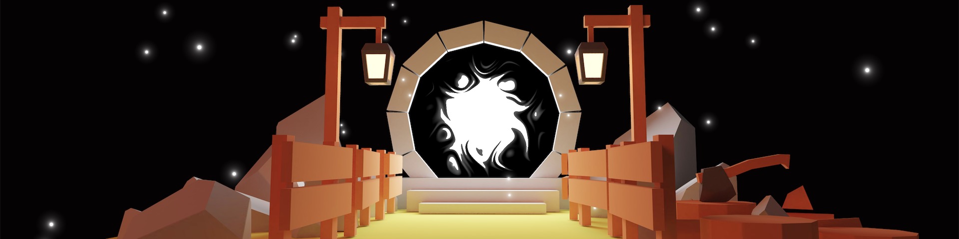 A wide digital banner depicting a stylized portal with swirling black and white patterns in the center, flanked by wooden structures with lanterns, against a starry night sky backdrop, suggesting a mystical or fantasy setting.
