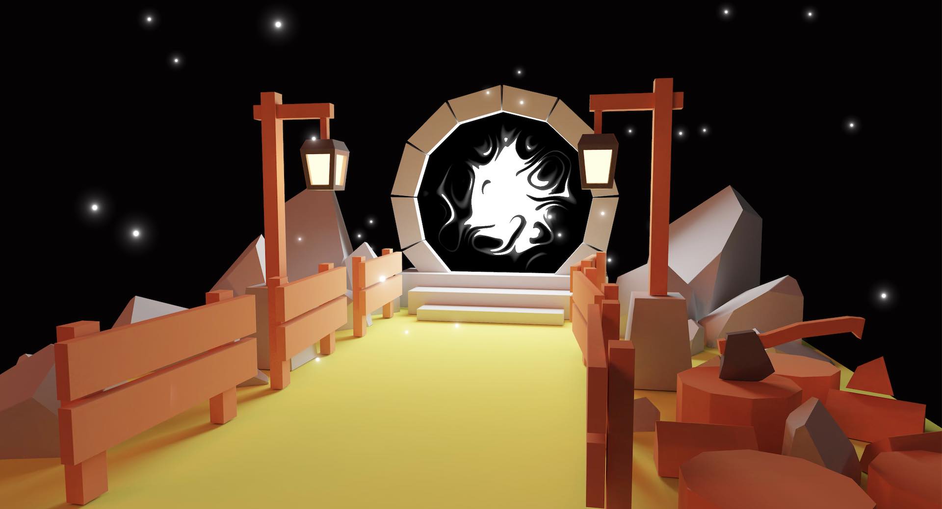 A 3D image depicting a stylized portal with swirling black and white patterns in the center, flanked by wooden structures with lanterns, against a starry night sky backdrop, suggesting a mystical or fantasy setting.