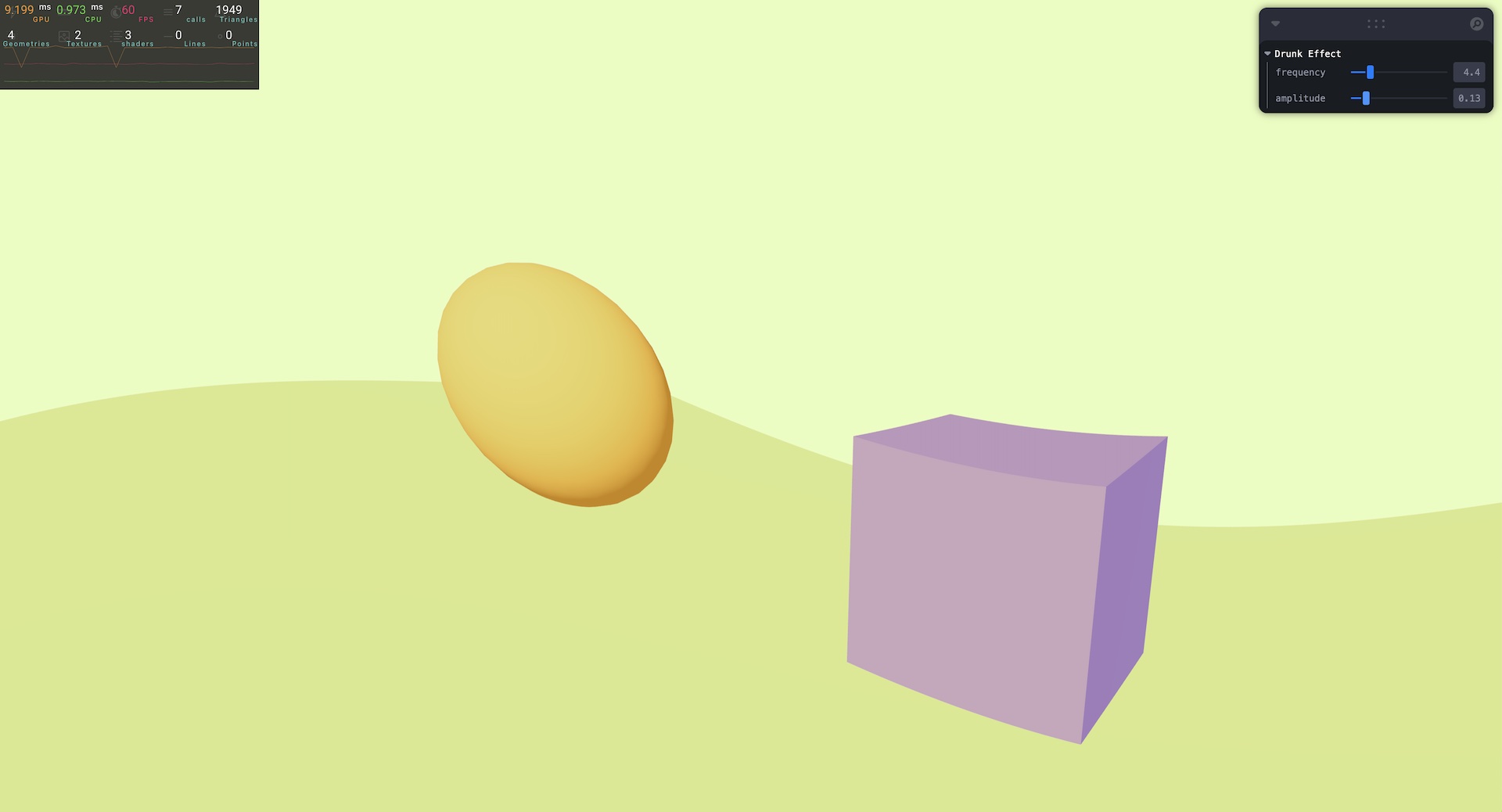 A 3D rendering of a ball and a cube under the influence of a 'Drunk Effect' post-processing filter, evidenced by on-screen sliders for frequency and amplitude adjustments. The ball and cube are resting on a flat surface with a light green background. The ball appears distorted into an egg shape, and the cube has a slightly skewed form, demonstrating the effects of the filter on simple geometric shapes.