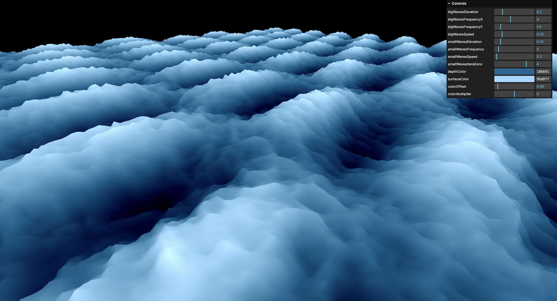 A 3D image that simulates a raging sea at night with varying shades of blue, alongside a control panel with sliders for 'bigWavesElevation', 'bigWavesFrequency', and other parameters, indicating this is a computer-generated visualization with adjustable settings for wave dynamics.